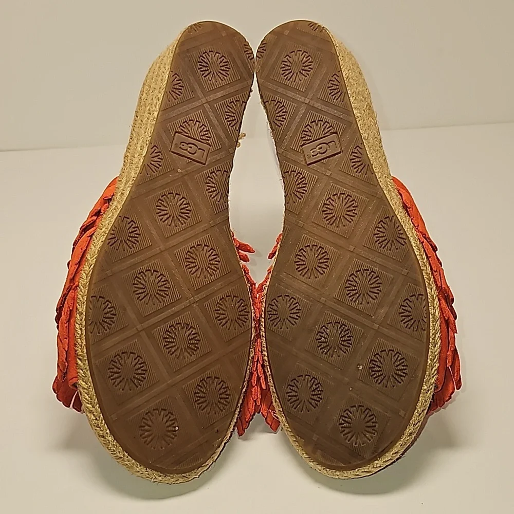 UGG Kendra Wedge Sandals Slides Espadrilles Suede Leather Fringe Cork Orange 7